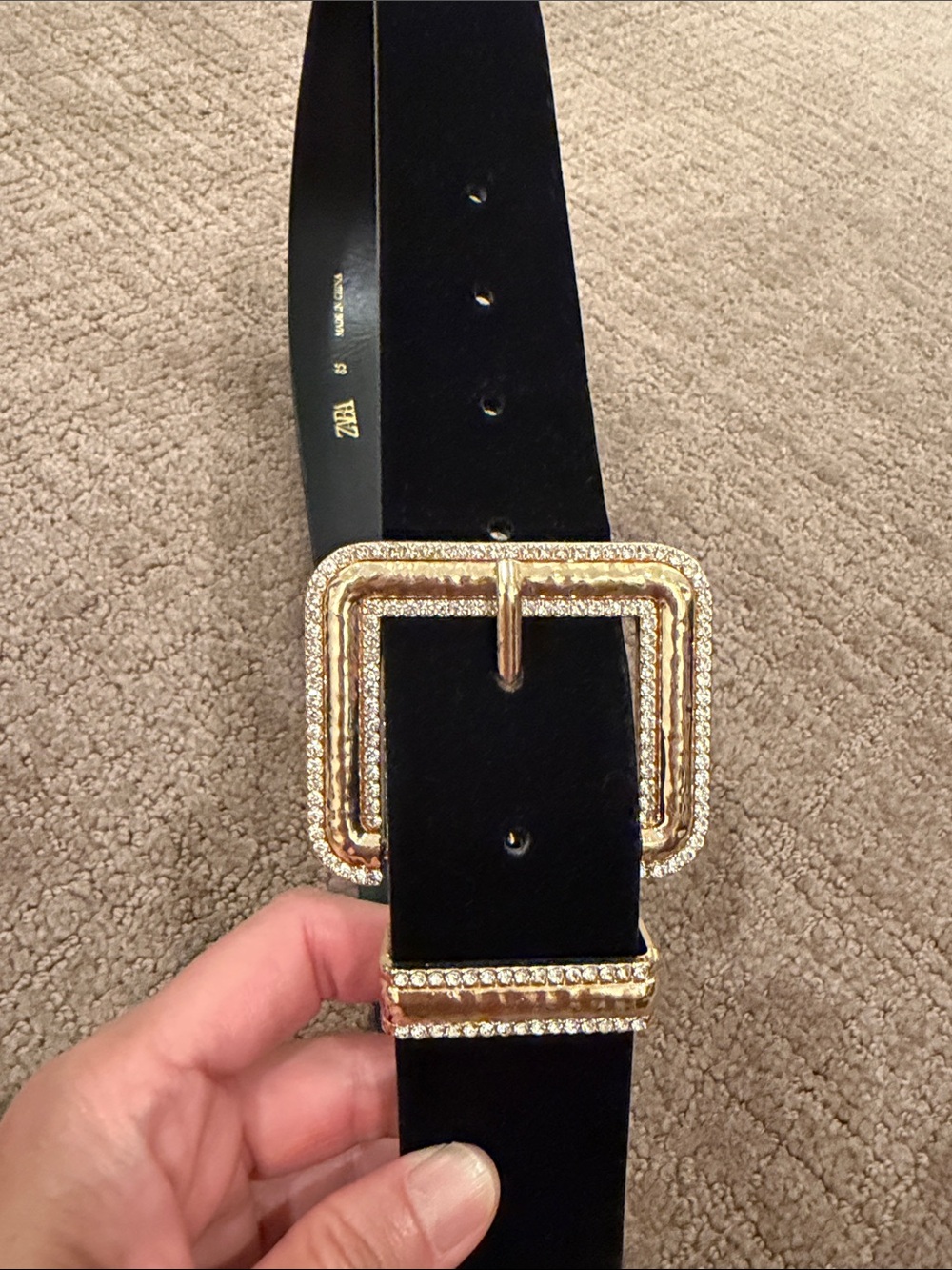 Zara Black Velvet Belt with Gold Crystal-Embellished Buckle